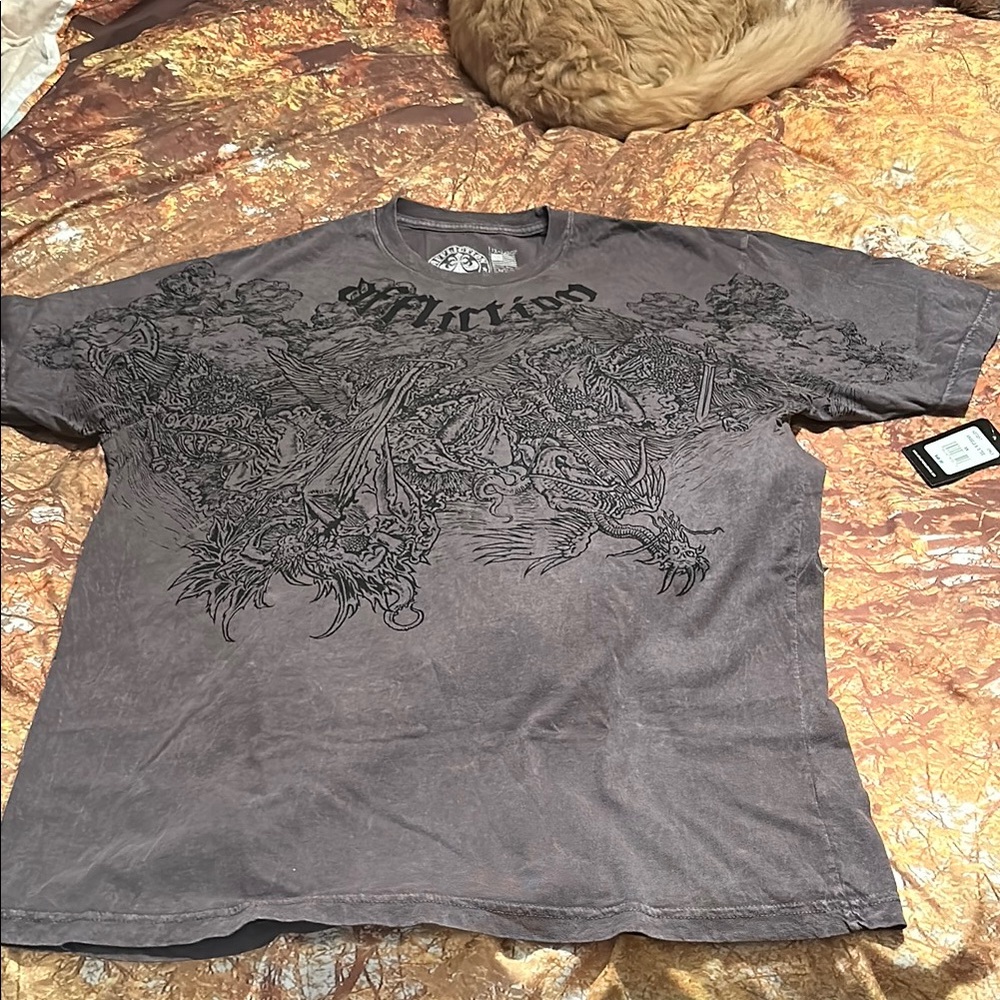 Affliction Gray Short Sleeve Tee with Gothic Motif